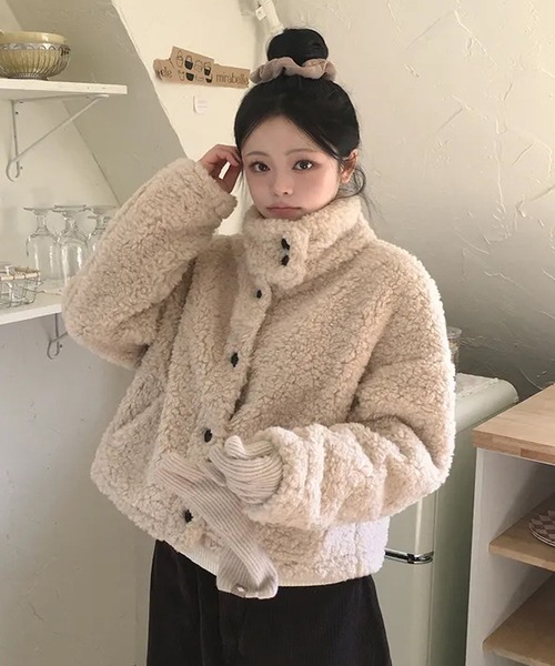HALEY PESCA(ヘーリーペスカ)の「HALEY PESCA/ボア スタンドカラー ショートジャケット(ブルゾン・レディース・ブラウン/アイボリー/ホワイト・FREE)」の2枚目の写真