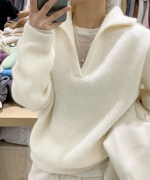 Miniministore(ミニミニストア)の「セーラーカラーニットスキッパートップス冬(ニット/セーター・レディース・オレンジ/ブラウン/アイボリー/ライトグレー/ライトグリーン/パープル・FREE)」の15枚目の写真