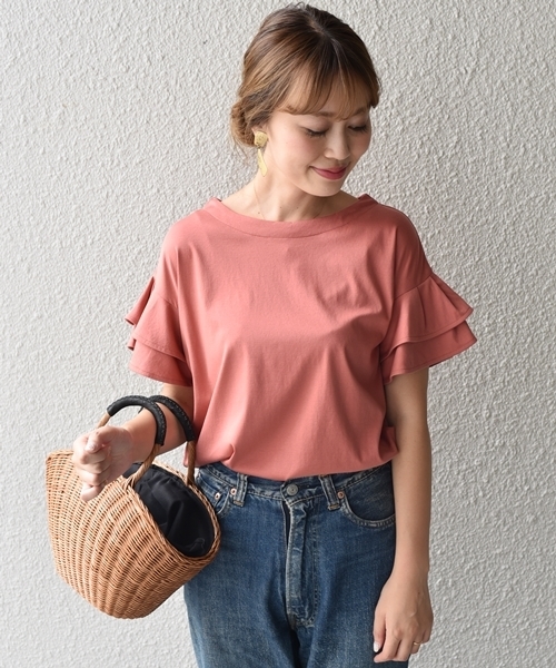 SHIPS(シップス)の「フリルスリーブトップス(Tシャツ/カットソー・レディース・オフホワイト/ブラック/ピンク系その他・ONE SIZE)」の1枚目の写真
