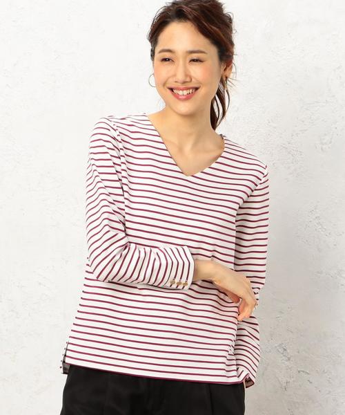 green label relaxing（グリーンレーベルリラクシング）の「KF リップルボーダー Vネック カットソー ◆（Tシャツ/カットソー・レディース・ブラック/パープル/ケリー・FREE）」の3枚目の写真