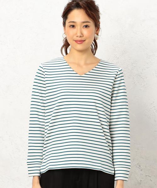 green label relaxing（グリーンレーベルリラクシング）の「KF リップルボーダー Vネック カットソー ◆（Tシャツ/カットソー・レディース・ブラック/パープル/ケリー・FREE）」の10枚目の写真