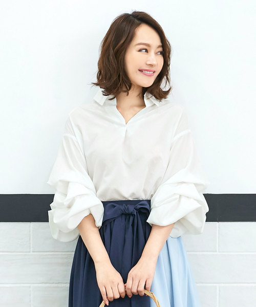 KOBE LETTUCE（コウベレタス）の「[ドット柄/ギンガムチェック柄/無地]ボリュームスリーブスキッパーシャツブラウス/レディーストップス[C3206]神戸レタス（シャツ/ブラウス・レディース・オフホワイト/ピンク/サックスブルー/チェック/ドット/ブラック系その他/イエロー・FREE）」の2枚目の写真