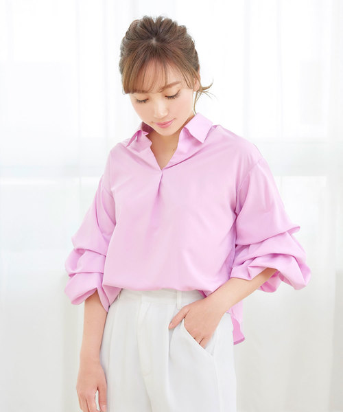 KOBE LETTUCE（コウベレタス）の「[ドット柄/ギンガムチェック柄/無地]ボリュームスリーブスキッパーシャツブラウス/レディーストップス[C3206]神戸レタス（シャツ/ブラウス・レディース・オフホワイト/ピンク/サックスブルー/チェック/ドット/ブラック系その他/イエロー・FREE）」の5枚目の写真