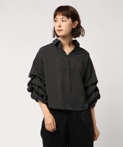 KOBE LETTUCE（コウベレタス）の「[ドット柄/ギンガムチェック柄/無地]ボリュームスリーブスキッパーシャツブラウス/レディーストップス[C3206]神戸レタス（シャツ/ブラウス・レディース・オフホワイト/ピンク/サックスブルー/チェック/ドット/ブラック系その他/イエロー・FREE）」の3枚目の写真