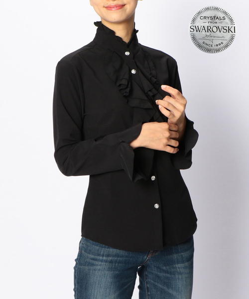 NARACAMICIE（ナラカミーチェ）の「ポリエステルストレッチスタンドフリルブラウス（シャツ/ブラウス・レディース・ブラック/ブラウン/ボルドー・SMALL/MEDIUM/LARGE）」の4枚目の写真