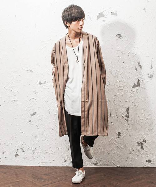 MinoriTY（マイノリティ）の「ビッグシルエットストライプノーカラーガウン ロングカーディガン（その他アウター・メンズ・モカ/ベージュ/ブラック・M/L）」の19枚目の写真