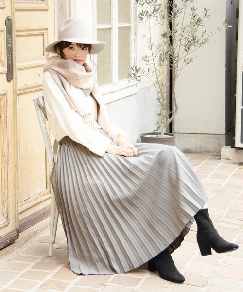 KOBE LETTUCE（コウベレタス）の「フェイクウールミディアム丈フレアプリーツスカート（スカート・レディース・ブラック/パープル/グレー/イエロー/アイボリー/ベージュ/モスグリーン・FREE）」の14枚目の写真