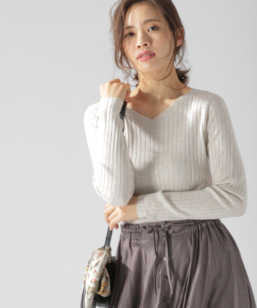 BAYFLOW（ベイフロー）の「Silk Mix Knit リブプルオーバー（ニット/セーター・レディース・アイボリー/チャコールグレー/ベージュ/グリーン/ピンク・SMALL/MEDIUM）」の2枚目の写真