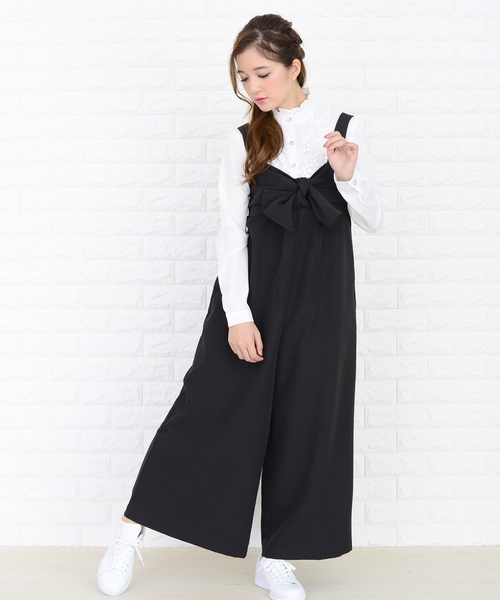 Lace Ladies(レースレディース)の「リボン付き サロペットワイドパンツ オールインワン・パンツ(つなぎ/オールインワン・レディース・ブラック/ネイビー・FREE)」の8枚目の写真