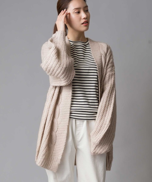 OMNES(オムネス)の「ざっくりケーブルニットカーディガン(カーディガン)」|ベージュ