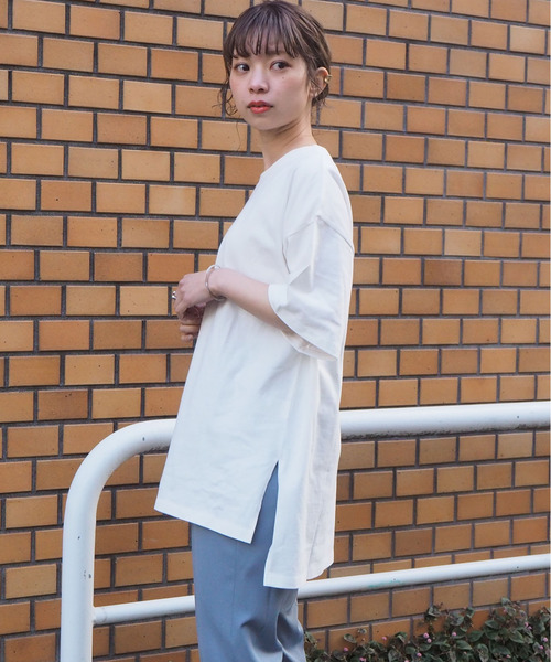 tiptop（ティップトップ）の「綿100％BIG半袖Tシャツ（Tシャツ/カットソー・レディース・ブルー/スミクロ/スモークピンク/オフホワイト/ライトグリーン/A/オレンジ/グリーン/パープル/ライトブルー/B/D・FREE）」の21枚目の写真