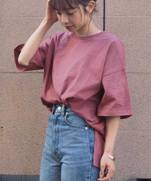 tiptop（ティップトップ）の「綿100％BIG半袖Tシャツ（Tシャツ/カットソー・レディース・ブルー/スミクロ/スモークピンク/オフホワイト/ライトグリーン/A/オレンジ/グリーン/パープル/ライトブルー/B/D・FREE）」の16枚目の写真