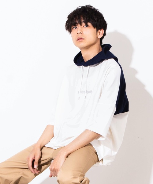 WEGO(ウィゴー)の「WEGO/バイカラー5分袖ドルマンパーカー(パーカー・メンズ・ライトパープル/ベージュ/ホワイト・MEDIUM/LARGE)」の2枚目の写真