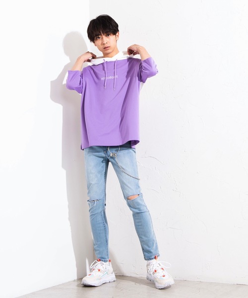 WEGO(ウィゴー)の「WEGO/バイカラー5分袖ドルマンパーカー(パーカー・メンズ・ライトパープル/ベージュ/ホワイト・MEDIUM/LARGE)」の6枚目の写真