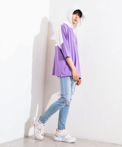 WEGO(ウィゴー)の「WEGO/バイカラー5分袖ドルマンパーカー(パーカー・メンズ・ライトパープル/ベージュ/ホワイト・MEDIUM/LARGE)」の14枚目の写真