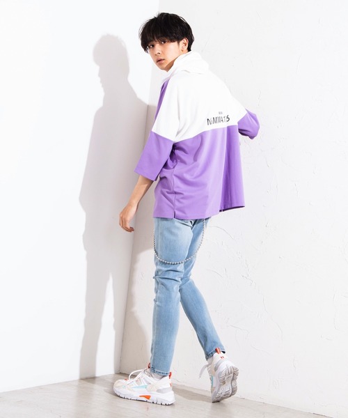 WEGO(ウィゴー)の「WEGO/バイカラー5分袖ドルマンパーカー(パーカー・メンズ・ライトパープル/ベージュ/ホワイト・MEDIUM/LARGE)」の9枚目の写真