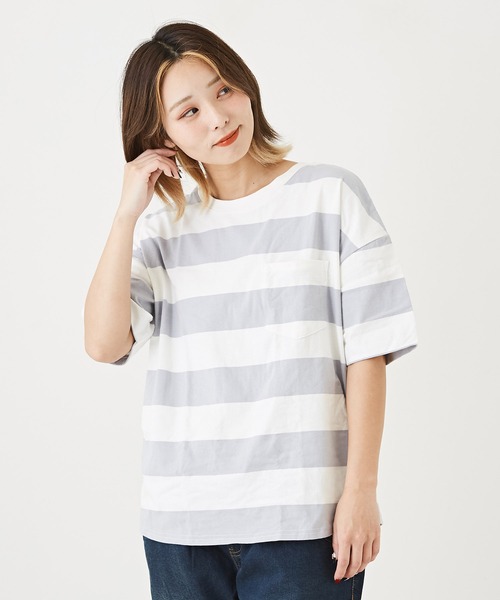 CUBE SUGAR（キューブシュガー）の「空紡糸USAコットンボーダーボトル入り5分袖Tシャツ（Tシャツ/カットソー・レディース・ブラック/グレー/ブラック×グレー/ホワイト系その他/ホワイト系その他2/ホワイト系その他3・M）」の6枚目の写真