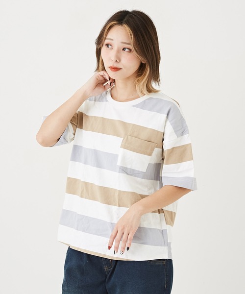 CUBE SUGAR（キューブシュガー）の「空紡糸USAコットンボーダーボトル入り5分袖Tシャツ（Tシャツ/カットソー・レディース・ブラック/グレー/ブラック×グレー/ホワイト系その他/ホワイト系その他2/ホワイト系その他3・M）」の3枚目の写真
