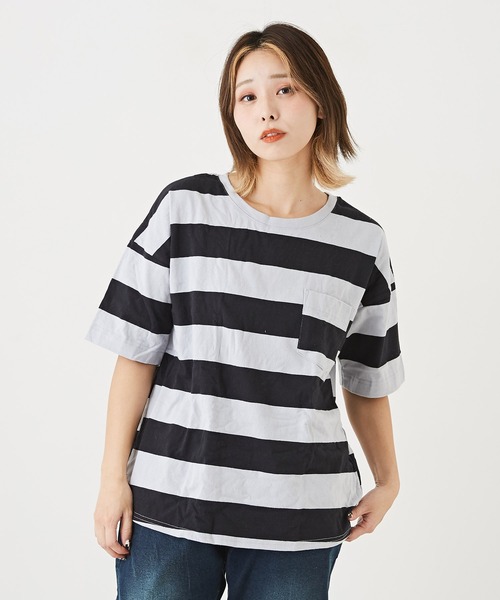 CUBE SUGAR（キューブシュガー）の「空紡糸USAコットンボーダーボトル入り5分袖Tシャツ（Tシャツ/カットソー・レディース・ブラック/グレー/ブラック×グレー/ホワイト系その他/ホワイト系その他2/ホワイト系その他3・M）」の5枚目の写真