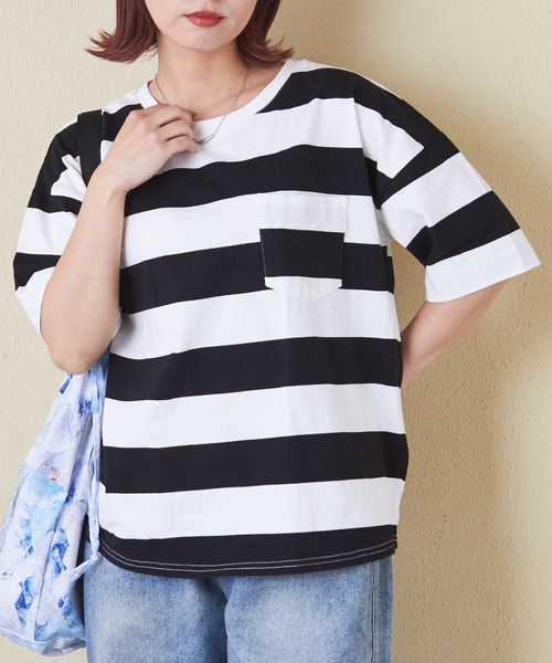 CUBE SUGAR（キューブシュガー）の「空紡糸USAコットンボーダーボトル入り5分袖Tシャツ（Tシャツ/カットソー・レディース・ブラック/グレー/ブラック×グレー/ホワイト系その他/ホワイト系その他2/ホワイト系その他3・M）」の4枚目の写真