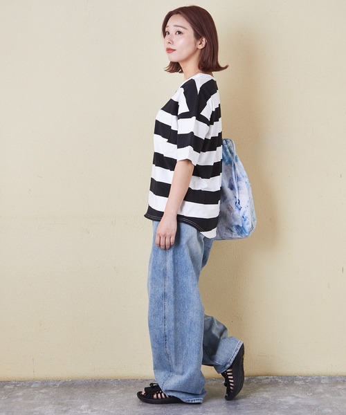 CUBE SUGAR（キューブシュガー）の「空紡糸USAコットンボーダーボトル入り5分袖Tシャツ（Tシャツ/カットソー・レディース・ブラック/グレー/ブラック×グレー/ホワイト系その他/ホワイト系その他2/ホワイト系その他3・M）」の9枚目の写真