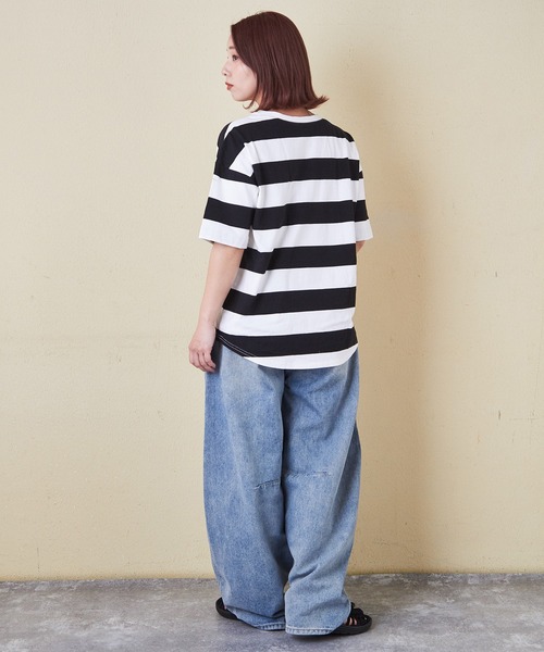 CUBE SUGAR（キューブシュガー）の「空紡糸USAコットンボーダーボトル入り5分袖Tシャツ（Tシャツ/カットソー・レディース・ブラック/グレー/ブラック×グレー/ホワイト系その他/ホワイト系その他2/ホワイト系その他3・M）」の10枚目の写真