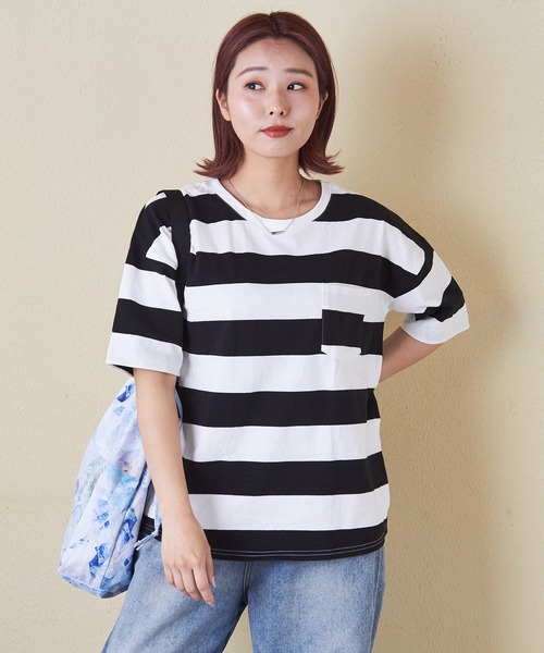 CUBE SUGAR（キューブシュガー）の「空紡糸USAコットンボーダーボトル入り5分袖Tシャツ（Tシャツ/カットソー・レディース・ブラック/グレー/ブラック×グレー/ホワイト系その他/ホワイト系その他2/ホワイト系その他3・M）」の7枚目の写真