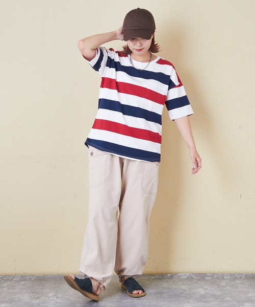 CUBE SUGAR（キューブシュガー）の「空紡糸USAコットンボーダーボトル入り5分袖Tシャツ（Tシャツ/カットソー・レディース・ブラック/グレー/ブラック×グレー/ホワイト系その他/ホワイト系その他2/ホワイト系その他3・M）」の12枚目の写真