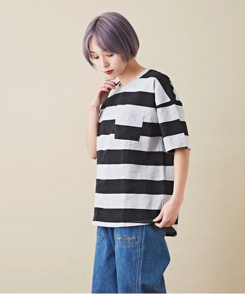 CUBE SUGAR（キューブシュガー）の「空紡糸USAコットンボーダーボトル入り5分袖Tシャツ（Tシャツ/カットソー・レディース・ブラック/グレー/ブラック×グレー/ホワイト系その他/ホワイト系その他2/ホワイト系その他3・M）」の19枚目の写真