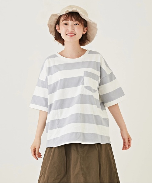 CUBE SUGAR（キューブシュガー）の「空紡糸USAコットンボーダーボトル入り5分袖Tシャツ（Tシャツ/カットソー・レディース・ブラック/グレー/ブラック×グレー/ホワイト系その他/ホワイト系その他2/ホワイト系その他3・M）」の16枚目の写真