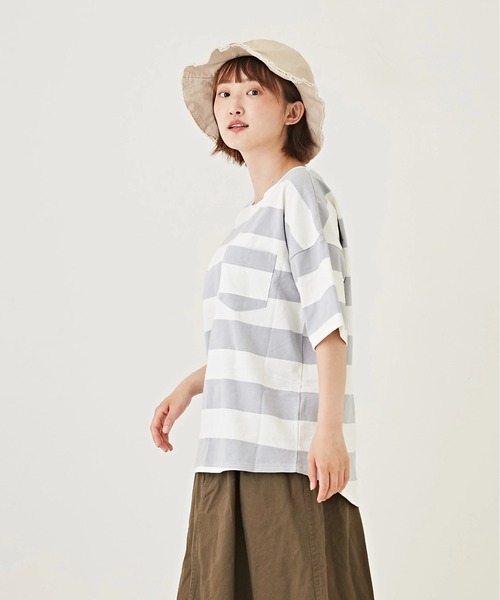 CUBE SUGAR（キューブシュガー）の「空紡糸USAコットンボーダーボトル入り5分袖Tシャツ（Tシャツ/カットソー・レディース・ブラック/グレー/ブラック×グレー/ホワイト系その他/ホワイト系その他2/ホワイト系その他3・M）」の17枚目の写真