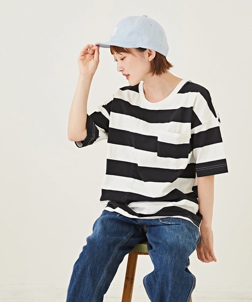 CUBE SUGAR（キューブシュガー）の「空紡糸USAコットンボーダーボトル入り5分袖Tシャツ（Tシャツ/カットソー・レディース・ブラック/グレー/ブラック×グレー/ホワイト系その他/ホワイト系その他2/ホワイト系その他3・M）」の20枚目の写真