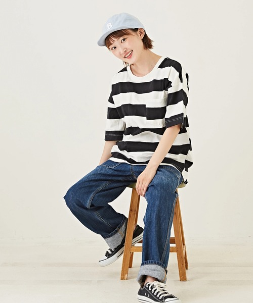 CUBE SUGAR（キューブシュガー）の「空紡糸USAコットンボーダーボトル入り5分袖Tシャツ（Tシャツ/カットソー・レディース・ブラック/グレー/ブラック×グレー/ホワイト系その他/ホワイト系その他2/ホワイト系その他3・M）」の21枚目の写真