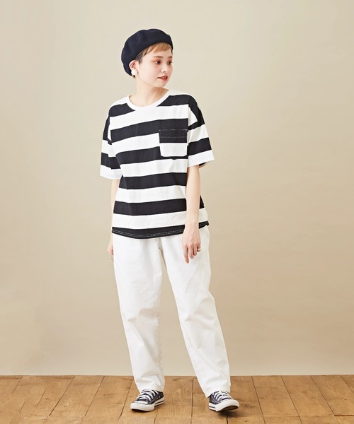 CUBE SUGAR（キューブシュガー）の「空紡糸USAコットンボーダーボトル入り5分袖Tシャツ（Tシャツ/カットソー・レディース・ブラック/グレー/ブラック×グレー/ホワイト系その他/ホワイト系その他2/ホワイト系その他3・M）」の22枚目の写真