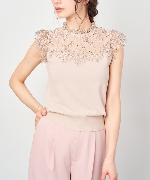 FEERICHELU（フェリーシェル）の「ニット 配色レース フレンチスリーブ FEERICHELU（ニット/セーター・レディース・ブルー/ラベンダー/ベージュ・S/M）」の2枚目の写真