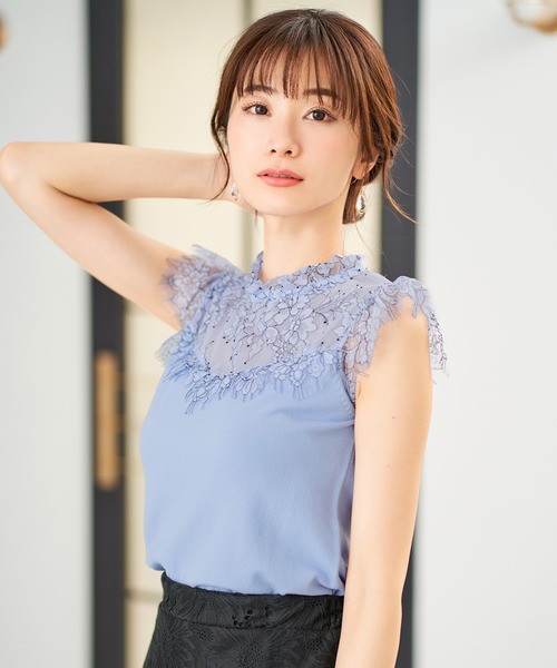 FEERICHELU（フェリーシェル）の「ニット 配色レース フレンチスリーブ FEERICHELU（ニット/セーター・レディース・ブルー/ラベンダー/ベージュ・S/M）」の3枚目の写真