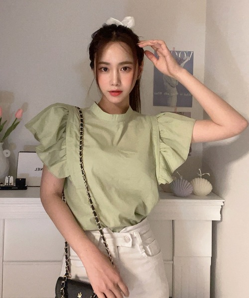 ABITOKYO（アビトーキョー）の「２WAY綿ガーゼショルダーフリルブラウス（シャツ/ブラウス・レディース・ブラック/オフホワイト/ライトグリーン・FREE）」の3枚目の写真