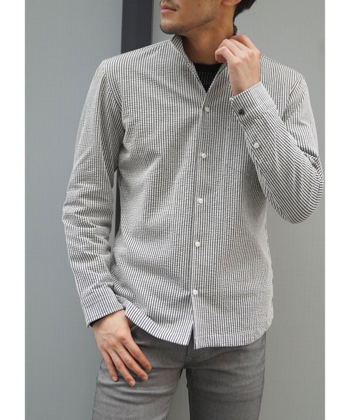 NICOLE CLUB FOR MEN（ニコルクラブフォーメン）の「【21年モデル】サッカ－イタリアンカラ－シャツ（シャツ/ブラウス・メンズ・ネイビー系1/ホワイト系1/ネイビー系2/ブラック系1・LARGE/MEDIUM/X-LARGE）」の2枚目の写真