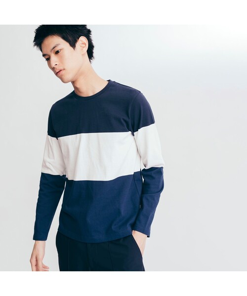 AIGLE(エーグル)の「吸水速乾 3 GIB カラーブロック 長袖Tシャツ(Tシャツ/カットソー・メンズ・ダークネイビー/マスタード・LL/S/M/L)」の1枚目の写真