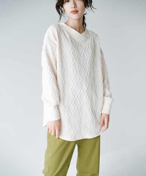 haco!（ハコ）の「ゆるっと着てちゃっかり着映える　ニットみたいなふくれ織りがおしゃれなジャカードトップス（その他トップス・レディース・アイボリー/ブラック・SMALL/MEDIUM/LARGE/X-LARGE）」の10枚目の写真
