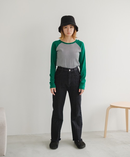 MILLER（ミラー）の「【Miller別注】ラグランボーダーチビT（Tシャツ/カットソー・レディース・ブラック/サックスブルー/グリーン/ブラウン・FREE）」の5枚目の写真