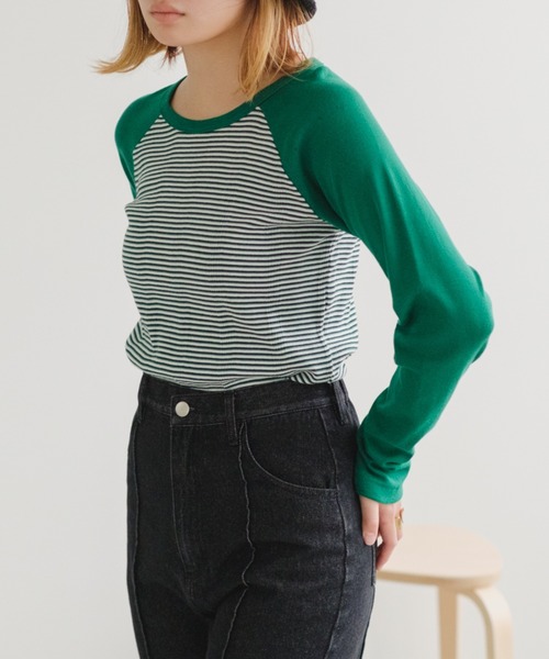 MILLER（ミラー）の「【Miller別注】ラグランボーダーチビT（Tシャツ/カットソー・レディース・ブラック/サックスブルー/グリーン/ブラウン・FREE）」の7枚目の写真