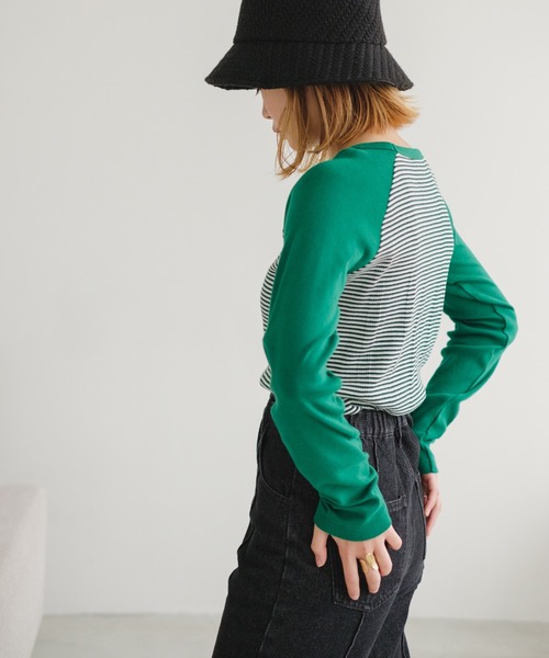 MILLER（ミラー）の「【Miller別注】ラグランボーダーチビT（Tシャツ/カットソー・レディース・ブラック/サックスブルー/グリーン/ブラウン・FREE）」の8枚目の写真