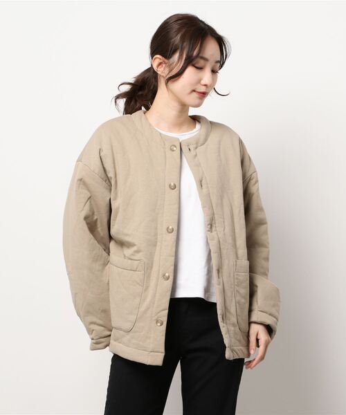 Samansa Mos2（サマンサ モスモス）の「クルーネックカットアウター（ノーカラージャケット・レディース・グリーン/ベージュ/ブラック・ﾌﾘ-）」の4枚目の写真