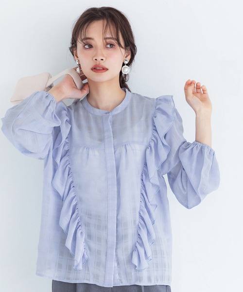 coca(coca)(コカ)の「透けチェックフリルブラウス(シャツ/ブラウス・レディース・ブラック/ライトブルー・M/L)」の2枚目の写真