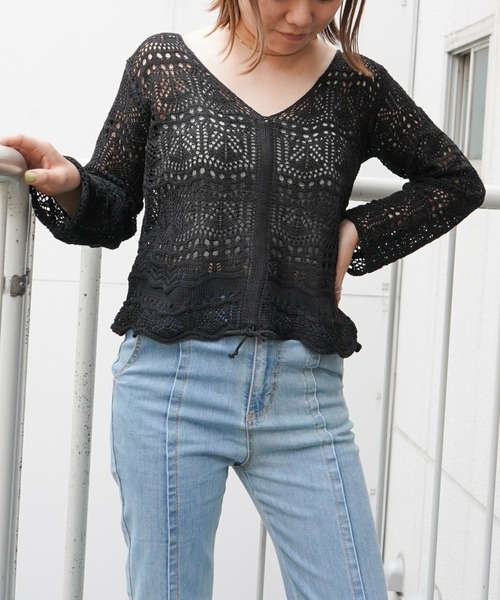 VENCEEXCHANGE（ヴァンスエクスチェンジ）の「クロシェ編みフロントシャーリングプルオーバー（ニット/セーター・レディース・ダークブルー/ブラック/ホワイト/グリーン/ピンク・M）」の15枚目の写真