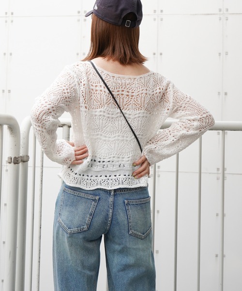 VENCEEXCHANGE（ヴァンスエクスチェンジ）の「クロシェ編みフロントシャーリングプルオーバー（ニット/セーター・レディース・ダークブルー/ブラック/ホワイト/グリーン/ピンク・M）」の8枚目の写真