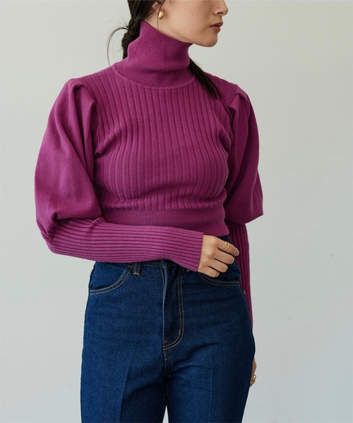 miette（ミエット）の「パフスリーブショートリブニット（ニット/セーター・レディース・オレンジ/パープル/グリーン/アイボリー・FREE）」の10枚目の写真