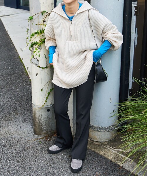 PUBLUX（パブリュクス）の「PUBLUX/パブリュクス リブ編みハーフジップビッグプルオーバーニット（ニット/セーター・レディース・グリーン/オレンジ/ブラック/ナチュラル・ﾌﾘ-）」の6枚目の写真