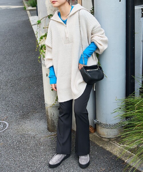 PUBLUX（パブリュクス）の「PUBLUX/パブリュクス リブ編みハーフジップビッグプルオーバーニット（ニット/セーター・レディース・グリーン/オレンジ/ブラック/ナチュラル・ﾌﾘ-）」の7枚目の写真